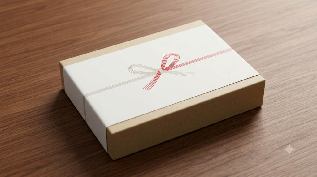 新築祝い用の紅白蝶結びの熨斗（のし）がかけられた贈答品