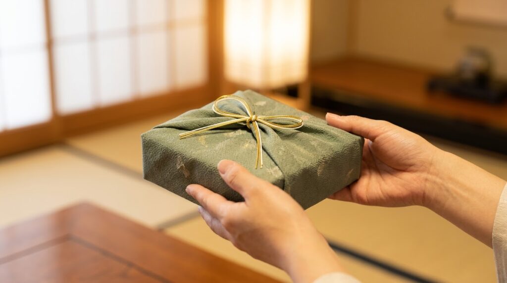 故人宛に届いたお歳暮を、遺族が感謝と共に受け取るイメージ
