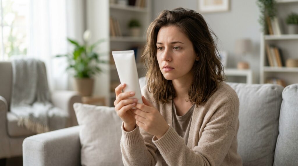 プレゼントされたハンドクリームを見つめて使い道に悩む女性