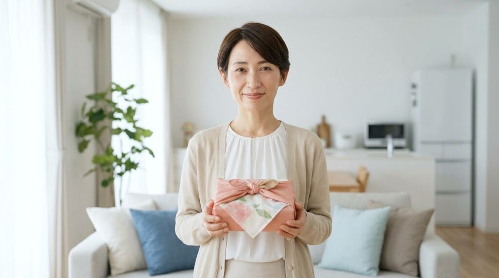 お歳暮のギフトを受け取って微笑む女性