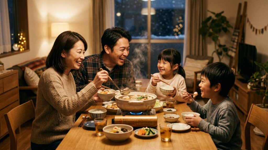 年末年始に温かい食卓を囲む家族の風景