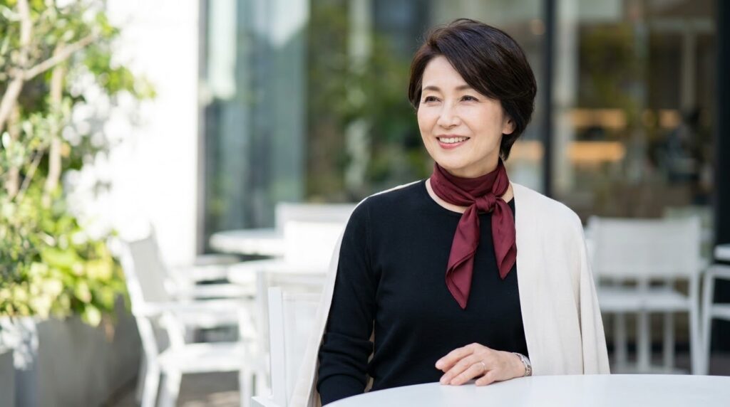 深みのある赤いストールを上品に身に着けた、若々しく笑顔が素敵な60代の女性