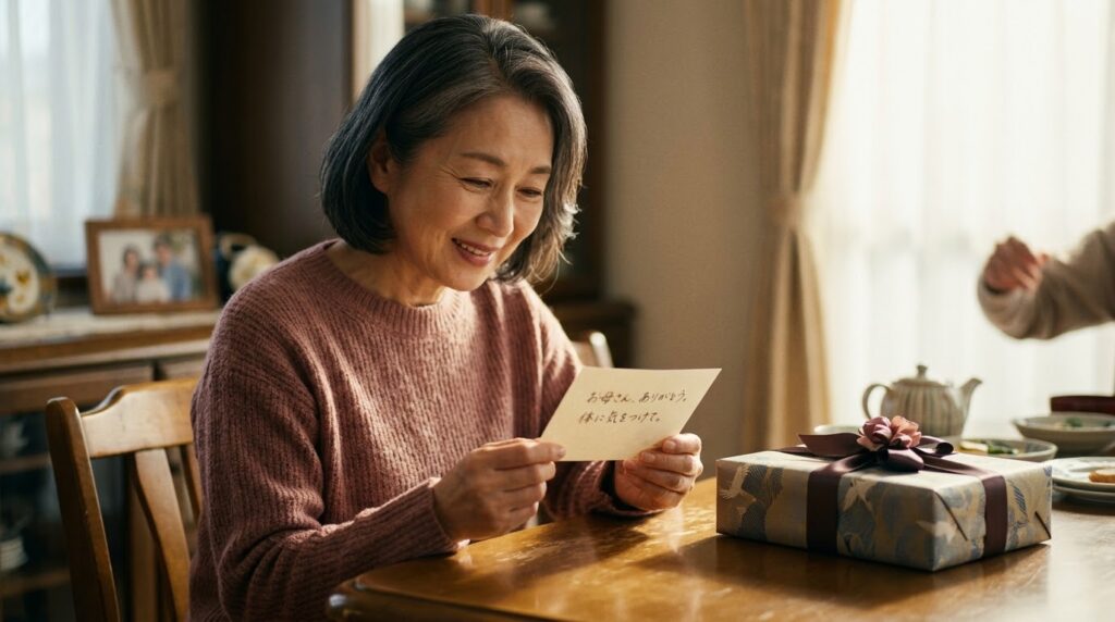 還暦祝いのプレゼントに添えられたメッセージカードを読んで嬉しそうに微笑むお母さん