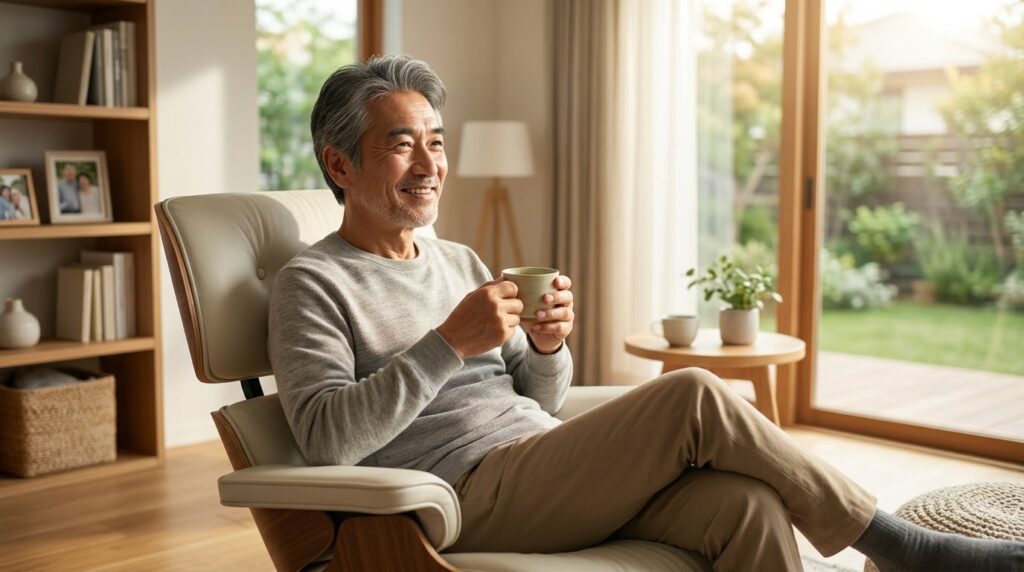 退職後の自宅で日本茶を飲みながらくつろぐ60代男性
