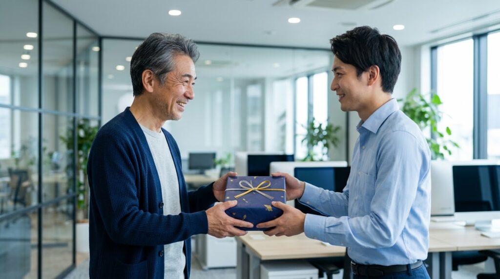 職場で退職祝いのプレゼントを笑顔で受け取る60代の男性
