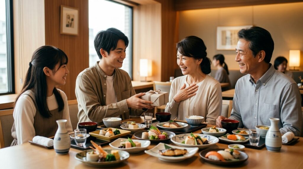 家族で楽しく食事を囲みながら初任給の感謝を伝える様子