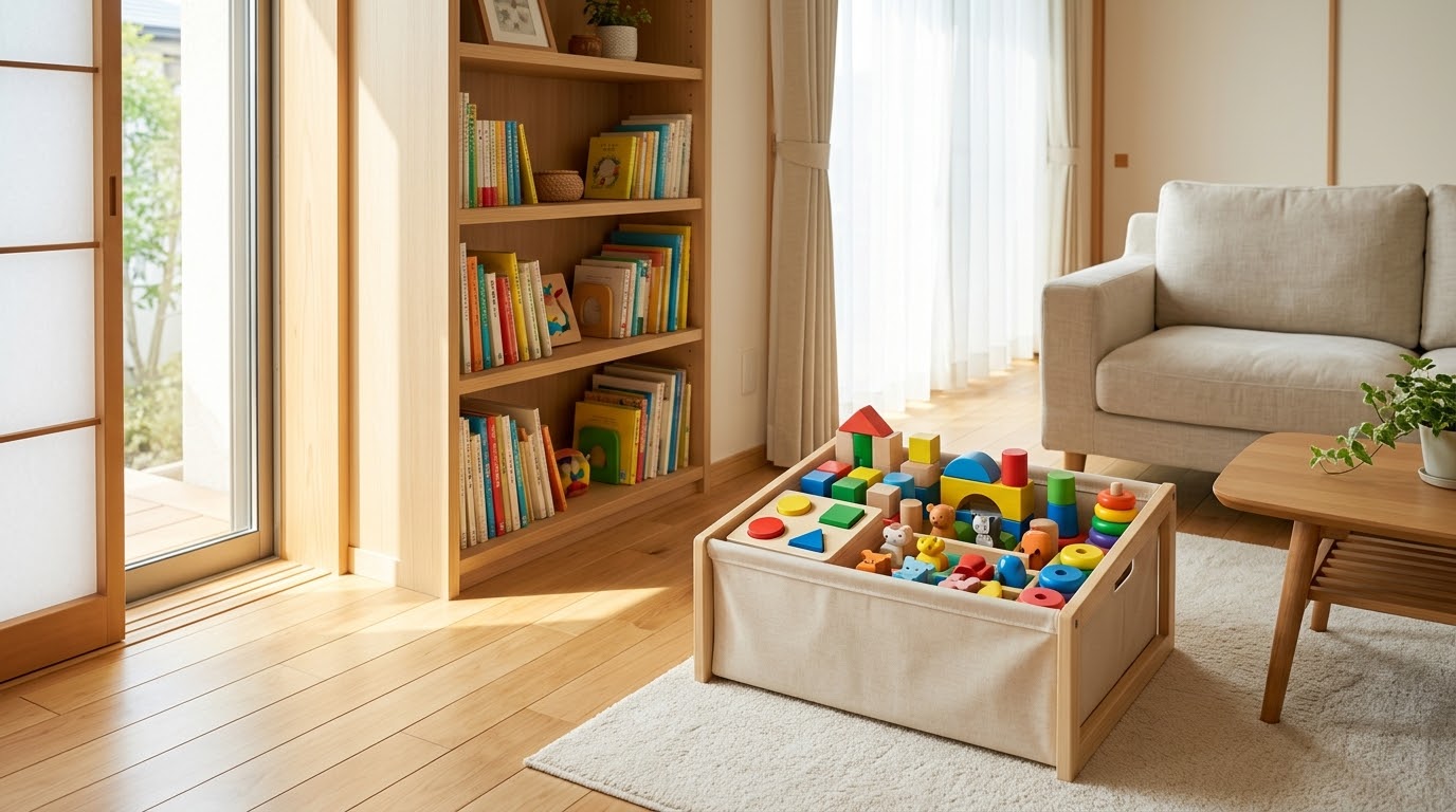リビングの本棚やすっきりとしたボックスにきれいに収納された、1歳・2歳向けのかわいい木製知育玩具